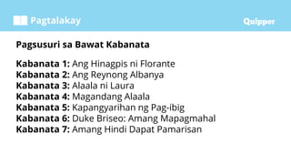 Pagtalakay
Pagsusuri sa Bawat Kabanata
Kabanata 1: Ang Hinagpis ni Florante
Kabanata 2: Ang Reynong Albanya
Kabanata 3: Alaala ni Laura
Kabanata 4: Magandang Alaala
Kabanata 5: Kapangyarihan ng Pag-ibig
Kabanata 6: Duke Briseo: Amang Mapagmahal
Kabanata 7: Amang Hindi Dapat Pamarisan
