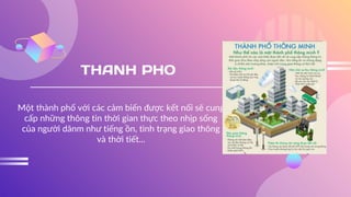 THANH PHO
Một thành phố với các cảm biến được kết nối sẽ cung
cấp những thông tin thời gian thực theo nhịp sống
của người dânm như tiếng ồn, tình trạng giao thông
và thời tiết...
 