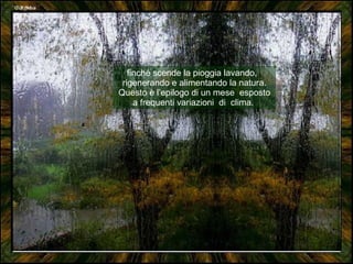 finché scende la pioggia lavando,  rigenerando e alimentando la natura. Questo è l’epilogo di un mese  esposto a frequenti variazioni  di  clima.  