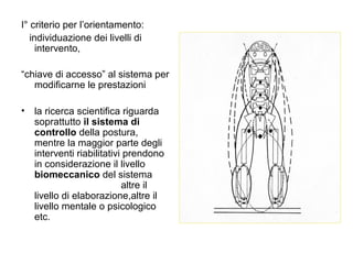 I° criterio per l’orientamento:
   individuazione dei livelli di
     intervento,

“chiave di accesso” al sistema per
   modificarne le prestazioni

•   la ricerca scientifica riguarda
    soprattutto il sistema di
    controllo della postura,
    mentre la maggior parte degli
    interventi riabilitativi prendono
    in considerazione il livello
    biomeccanico del sistema
                            altre il
    livello di elaborazione,altre il
    livello mentale o psicologico
    etc.
 