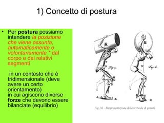 1) Concetto di postura

• Per postura possiamo
  intendere la posizione
  che viene assunta,
  automaticamente o
  volontariamente * dal
  corpo e dai relativi
  segmenti
   in un contesto che è
  tridimensionale (deve
  avere un certo
  orientamento)
  in cui agiscono diverse
  forze che devono essere
  bilanciate (equilibrio)
 