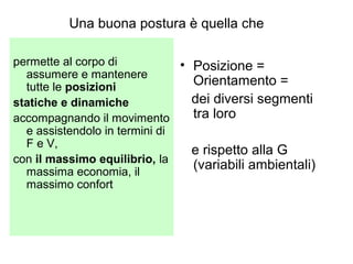 Una buona postura è quella che

permette al corpo di           • Posizione =
  assumere e mantenere
  tutte le posizioni             Orientamento =
statiche e dinamiche             dei diversi segmenti
accompagnando il movimento       tra loro
  e assistendolo in termini di
  F e V,
                                 e rispetto alla G
con il massimo equilibrio, la
  massima economia, il
                                 (variabili ambientali)
  massimo confort
 