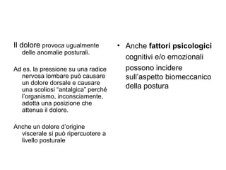 Il dolore provoca ugualmente        • Anche fattori psicologici
   delle anomalie posturali.
                                      cognitivi e/o emozionali
Ad es. la pressione su una radice     possono incidere
  nervosa lombare può causare         sull’aspetto biomeccanico
  un dolore dorsale e causare
  una scoliosi “antalgica” perché
                                      della postura
  l’organismo, inconsciamente,
  adotta una posizione che
  attenua il dolore.

Anche un dolore d’origine
  viscerale si può ripercuotere a
  livello posturale
 