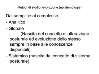 Metodi di studio, evoluzione (epistemologia)

Dal semplice al complesso:
- Analitico
- Globale
         (Nascita del concetto di alterazione
  posturale ed evoluzione dello stesso
  sempre in base alle conoscenze
  disponibili)
- Sistemico (nascita del concetto di sistema
  posturale)
 