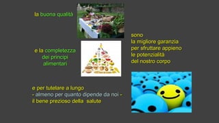 lala buona qualitàbuona qualità
e lae la completezzacompletezza
dei principidei principi
alimentarialimentari
e per tutelare a lungoe per tutelare a lungo
-- almeno per quanto dipende da noialmeno per quanto dipende da noi --
il bene prezioso della saluteil bene prezioso della salute
sonosono
la migliore garanziala migliore garanzia
per sfruttare appienoper sfruttare appieno
le potenzialitàle potenzialità
del nostro corpodel nostro corpo
 