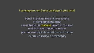 Il sovrappeso non è una patologia a sé stante!!Il sovrappeso non è una patologia a sé stante!!
bensì il risultato finale di una catenabensì il risultato finale di una catena
di comportamenti erratidi comportamenti errati
che richiede unche richiede un costantecostante lavoro di restaurolavoro di restauro
metabolico e comportamentalemetabolico e comportamentale
per rimuovereper rimuovere gli elementi che nel tempogli elementi che nel tempo
hanno concorso a provocarlohanno concorso a provocarlo
 