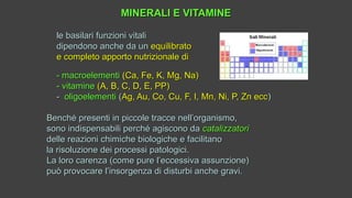 MINERALI E VITAMINEMINERALI E VITAMINE
le basilari funzioni vitalile basilari funzioni vitali
dipendono anche da undipendono anche da un equilibratoequilibrato
e completo apporto nutrizionale die completo apporto nutrizionale di
- macroelementi- macroelementi (Ca, Fe, K, Mg, Na)(Ca, Fe, K, Mg, Na)
-- vitaminevitamine (A, B, C, D, E, PP)(A, B, C, D, E, PP)
-- oligoelementioligoelementi ((Ag, Au, Co, Cu, F, I, Mn, Ni, P, Zn eccAg, Au, Co, Cu, F, I, Mn, Ni, P, Zn ecc))
Benché presenti in piccole tracce nell’organismo,Benché presenti in piccole tracce nell’organismo,
sono indispensabili perché agiscono dasono indispensabili perché agiscono da catalizzatoricatalizzatori
delle reazioni chimiche biologiche e facilitanodelle reazioni chimiche biologiche e facilitano
la risoluzione dei processi patologici.la risoluzione dei processi patologici.
La loro carenza (come pure l’eccessiva assunzione)La loro carenza (come pure l’eccessiva assunzione)
può provocare l’insorgenza di disturbi anche gravi.può provocare l’insorgenza di disturbi anche gravi.
 