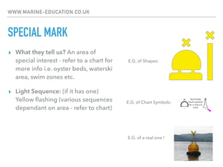 WWW.MARINE-EDUCATION.CO.UK
SPECIAL MARK
▸ What they tell us? An area of
special interest - refer to a chart for
more info i.e. oyster beds, waterski
area, swim zones etc.
▸ Light Sequence: (if it has one)
Yellow ﬂashing (various sequences
dependant on area - refer to chart)
E.G. of Chart Symbols:
E.G. of Shapes:
E.G. of a real one !
 