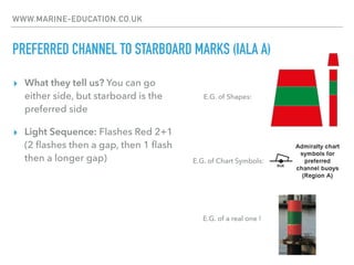WWW.MARINE-EDUCATION.CO.UK
PREFERRED CHANNEL TO STARBOARD MARKS (IALA A)
▸ What they tell us? You can go
either side, but starboard is the
preferred side
▸ Light Sequence: Flashes Red 2+1
(2 ﬂashes then a gap, then 1 ﬂash
then a longer gap) E.G. of Chart Symbols:
E.G. of Shapes:
E.G. of a real one !
 