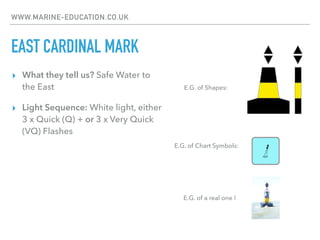 WWW.MARINE-EDUCATION.CO.UK
EAST CARDINAL MARK
▸ What they tell us? Safe Water to
the East
▸ Light Sequence: White light, either
3 x Quick (Q) + or 3 x Very Quick
(VQ) Flashes
E.G. of Chart Symbols:
E.G. of Shapes:
E.G. of a real one !
 
