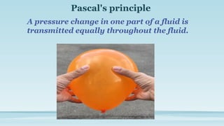 Pascal's principle
A pressure change in one part of a fluid is
transmitted equally throughout the fluid.
 