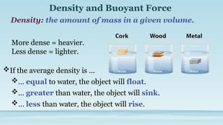Density and Buoyant Force
Density: the amount of mass in a given volume.
If the average density is …
… equal to water, the object will float.
… greater than water, the object will sink.
… less than water, the object will rise.
More dense = heavier.
Less dense = lighter.
 