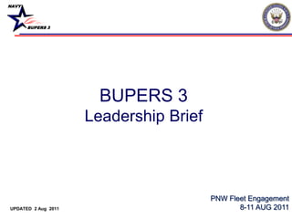 NAVY




       BUPERS 3




                       BUPERS 3
                     Leadership Brief



                                        PNW Fleet Engagement
UPDATED 2 Aug 2011                             8-11 AUG 2011
 