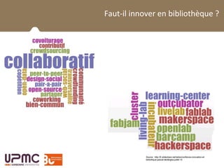 La BUPMC et son public
Faut-il innover en bibliothèque ?
Source : http://fr.slideshare.net/retiss/confrence-innovation-et-
bibliothque-pascal-desfarges-juillet-15
 