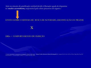 Ação no circuito de gratificação cerebral devido à liberação aguda de dopamina  no  nucleo accumbente ,  responsável pelo efeito prazeroso do cigarro. 1   EFEITO SOBRE O SISTEMA DE  BUSCA DE NOVIDADE, GRATIFICAÇÃO OU PRAZER x ISRSs =  COMPORTAMENTO DE INIBIÇÃO 1-  Uso de varenicline no tratamento do tabagismo: relato de dois casos  .  Fabiano Coelho HorimotoI; Mariele BevilaquaII,  Rev. psiquiatr. Rio Gd. Sul vol.29 no.2 Porto Alegre May/Aug. 2007  2 Psicofarmacos – Consulta Rápida, Cordioli, A. V, artmed, São Paulo, 2005,  