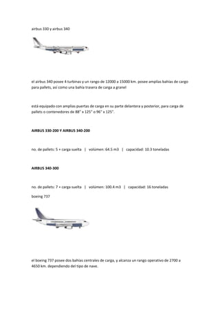 airbus 330 y airbus 340




el airbus 340 posee 4 turbinas y un rango de 12000 a 15000 km. posee amplías bahías de cargo
para pallets, así como una bahía trasera de carga a granel



está equipado con amplias puertas de carga en su parte delantera y posterior, para carga de
pallets o contenedores de 88" x 125" o 96" x 125".



AIRBUS 330-200 Y AIRBUS 340-200



no. de pallets: 5 + carga suelta | volúmen: 64.5 m3 | capacidad: 10.3 toneladas



AIRBUS 340-300



no. de pallets: 7 + carga suelta | volúmen: 100.4 m3 | capacidad: 16 toneladas

boeing 737




el boeing 737 posee dos bahías centrales de carga, y alcanza un rango operativo de 2700 a
4650 km. dependiendo del tipo de nave.
 