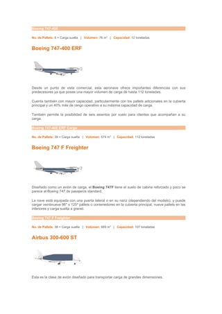 Boeing 747-400

No. de Pallets: 6 + Carga suelta | Volúmen: 76 m3 | Capacidad: 12 toneladas


Boeing 747-400 ERF




Desde un punto de vista comercial, esta aeronave ofrece importantes diferencias con sus
predecesores ya que posee una mayor volumen de carga de hasta 112 toneladas.

Cuenta también con mayor capacidad, particularmente con los pallets adicionales en la cubierta
principal y un 40% más de rango operativo a su máxima capacidad de carga.

También permite la posibilidad de seis asientos por vuelo para clientes que acompañan a su
carga.

Boeing 747-400 ERF Cargo

No. de Pallets: 39 + Carga suelta | Volúmen: 674 m3 | Capacidad: 112 toneladas


Boeing 747 F Freighter




Diseñado como un avión de carga, el Boeing 747F tiene el suelo de cabina reforzado y poco se
parece al Boeing 747 de pasajeros standard.

La nave está equipada con una puerta lateral o en su nariz (dependiendo del modelo), y puede
cargar veintinueve 96" x 125" pallets o contenedores en la cubierta principal, nueve pallets en las
inferiores y carga suelta a granel.

Boeing 747 F Freighter

No. de Pallets: 38 + Carga suelta | Volúmen: 669 m3 | Capacidad: 107 toneladas


Airbus 300-600 ST




Esta es la clase de avión diseñado para transportar carga de grandes dimensiones.
 