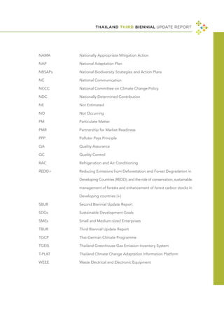 THAILAND THIRD BIENNIAL UPDATE REPORT
NAMA	 		 Nationally Appropriate Mitigation Action
NAP 			 National Adaptation Plan
NBSAPs		 National Biodiversity Strategies and Action Plans
NC 			 National Communication
NCCC 			 National Committee on Climate Change Policy
NDC 			 Nationally Determined Contribution
NE 			 Not Estimated
NO 			 Not Occurring
PM 			 Particulate Matter
PMR 			 Partnership for Market Readiness
PPP 			 Polluter Pays Principle
QA 			 Quality Assurance
QC 			 Quality Control
RAC 			 Refrigeration and Air Conditioning
REDD+ 		 Reducing Emissions from Deforestation and Forest Degradation in
			
			 Developing Countries (REDD); and the role of conservation, sustainable
			
			 management of forests and enhancement of forest carbon stocks in
			
			Developing countries (+)
SBUR 			 Second Biennial Update Report
SDGs 			 Sustainable Development Goals
SMEs 			 Small and Medium-sized Enterprises
TBUR 			 Third Biennial Update Report
TGCP 			 Thai-German Climate Programme
TGEIS 			 Thailand Greenhouse Gas Emission Inventory System
T-PLAT	 		 Thailand Climate Change Adaptation Information Platform
WEEE 			 Waste Electrical and Electronic Equipment
 