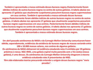 Também é apresentada a massa estimada desses buracos negros.Posteriormente foram obtidos indícios de outros buracos negros no centro de outras galáxias. A tabela abaixo nos apresenta 17 galáxias que atualmente suspeitamos possuírem buracos negros supermassivos em seus centros. Também é apresentada a massa estimada desses buracos negros.Posteriormente foram obtidos indícios de outros buracos negros no centro de outras galáxias. A tabela abaixo nos apresenta 17 galáxias que atualmente suspeitamos possuírem buracos negros supermassivos em seus centros. Posteriormente foram obtidos indícios de outros buracos negros no centro de outras galáxias. A tabela abaixo nos apresenta 17 galáxias que atualmente suspeitamos possuírem buracos negros supermassivos em seus centros. Também é apresentada a massa estimada desses buracos negros.  Em abril passado astrônomos da NASA e da CarnegieMellonUniversity comunicaram haver obtido, separadamente, evidências da existência de buracos negros de massas variando entre 100 e 10.000 massas solares, nos centros de algumas galáxias.Os astrônomos da NASA obtiveram tal evidência estudando raios X emitidos por 39 galáxias próximas à nossa. NGC 4945, uma galáxia espiral muito parecida com a Via Láctea (nossa galáxia), é uma dessas. Os astrônomos da CarnegieMellonUniversity chegaram à mesma evidência estudando raios X provenientes de M82.Têm sido elaboradas teorias procurando entender a origem desses buracos negros "meio pesados". 