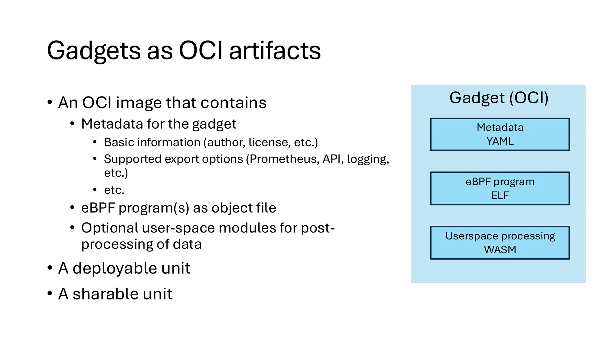 Gadgets as OCI artifacts
• An OCI image that contains
• Metadata for the gadget
• Basic information (author, license, etc.)
• Supported export options (Prometheus, API, logging,
etc.)
• etc.
• eBPF program(s) as object file
• Optional user-space modules for post-
processing of data
• A deployable unit
• A sharable unit
Gadget (OCI)
Metadata
YAML
eBPF program
ELF
Userspace processing
WASM
 