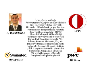 A. Burak Sadıç 
1995 
2003-2013 
2014 yılında katıldığı 
PricewaterhouseCoopers Türkiye ofisinde 
Bilgi Güvenliği ve Siber Güvenlik 
Hizmetleri Lideri olarak çalışan Burak’ın 
yirmi senelik danışmanlık ve yönetim 
deneyimi bulunmaktadır. ODTÜ 
Elektrik-Elektronik Mühendisliği 
bölümünden 1995 yılında mezun olan 
Burak, PwC öncesinde sırasıyla PDI-Erkom, 
Siemens, Meteksan, Koç.net, 
Innova ve Symantec bünyesinde çeşitli 
kademelerde çalıştı. Symantec'teki 10 
yıllık iş yaşamının son dört yılında ise 
Güneydoğu Avrupa'daki 12 ülke ve 
Türkiye'yi kapsayan bölgedeki 
danışmanlık ekiplerini yönetti. 
2014-… 
 