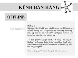 KÊNH BÁN HÀNG
Đề Nghị:
Đào tạo nhân viên kỹ năng bán hàng cao cấp, kiến thức am
hiểu về thương hiệu, dòng sản phẩm, xu hướng thời trang
mới, cập nhật đào tạo và kiểm tra liên tục để đảm bảo chất
lượng bán hàng đạt hiệu quả tối ưu.
Tạo cảm giác trải nghiệm cho Khách hàng. Mua hàng ở
Burberry không đơn thuần là đến chọn hàng, thanh toán,
mà sẽ là nơi thú vị với nhiều thông tin mới lạ và hấp dẫn
trên từng sản phẩm
* Dùng hoạt động này để PR hình ảnh Thương hiệu và hoạt động bán hàng
OFFLINE
Cửa hàng bán lẻ
 