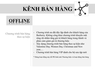 KÊNH BÁN HÀNG
Chương trình bán hàng
theo sự kiện
- Chương trình ưu đãi độc lập dành cho khách hàng của
Burberry. Không công khai chương trình khuyến mãi
rộng rãi nhằm tăng giá trị khách hàng trung thành và
phản cảm giảm giá trị thương hiệu
- Xây dựng chương trình bán hàng theo sự kiện như
Valentine Day, Women Day, Christmas and New
year,…
- Chương trình bán hàng VIP dành cho bộ sưu tập mới
* Dùng hoạt động này để PR hình ảnh Thương hiệu và hoạt động bán hàng
OFFLINE
 