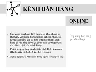 KÊNH BÁN HÀNG
- Ứng dụng mua hàng dành riêng cho Khách hàng tại
Burberry Việt Nam. Cập nhật hình ảnh sản phẩm, số
lượng sản phẩm, giá cả, hình thức giao nhận (Nhận
hàng tại cửa hàng được lựa chọn, hoặc được giao đến
địa chỉ chỉ định của khách hàng)
- Phát triển ứng dụng trên hệ điều hành IOS và Android
(Hai hệ điều hành phổ biến nhất hiện nay)
* Dùng hoạt động này để PR hình ảnh Thương hiệu và hoạt động bán hàng
ONLINE
Ứng dụng bán hàng
qua điện thoại
 