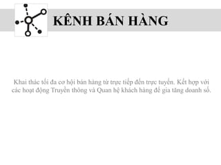 KÊNH BÁN HÀNG
Khai thác tối đa cơ hội bán hàng từ trực tiếp đến trực tuyến. Kết hợp với
các hoạt động Truyền thông và Quan hệ khách hàng để gia tăng doanh số.
 