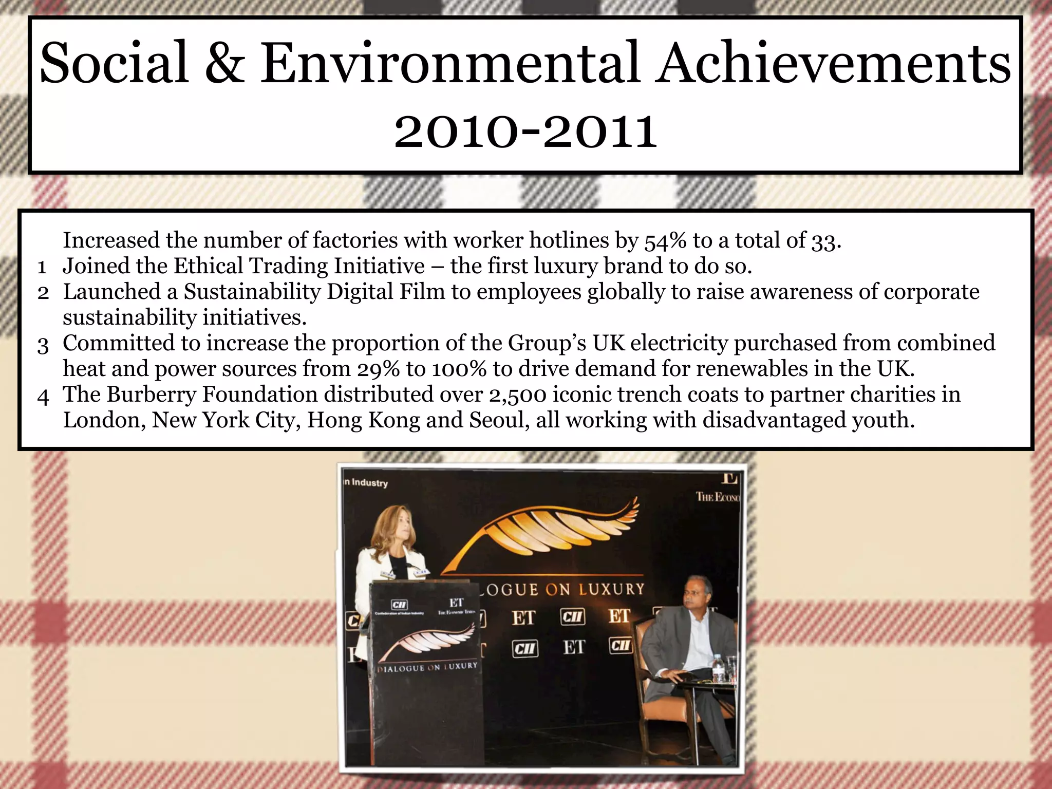 Social & Environmental Achievements
              2010-2011
    Increased the number of factories with worker hotlines by 54% to a total of 33.
1   Joined the Ethical Trading Initiative – the first luxury brand to do so.
2   Launched a Sustainability Digital Film to employees globally to raise awareness of corporate
    sustainability initiatives.
3   Committed to increase the proportion of the Group’s UK electricity purchased from combined
    heat and power sources from 29% to 100% to drive demand for renewables in the UK.
4   The Burberry Foundation distributed over 2,500 iconic trench coats to partner charities in
    London, New York City, Hong Kong and Seoul, all working with disadvantaged youth.
 