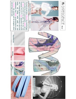 EmilioPucci RTW S/S 2013 Valentino S/S 2013
Jayne Mansfield on Jack Benny Show, 1956
Print 2Silk Cotton
Polyurethane Vinyl
This trench rain coat style is influenced by a trend that
began in 2013 when the current social movements sparked
and can be traced as far back as the 1950’s. This S/S 2017
style incorporates the use of a clear polyurethane vinyl
textile with a strategically placed silk cotton lining as well
as belt buckles, snap findings, leather piping, and small
embellishments. These textiles can also be printed to create
a statement look consistent with the courageous cultural
moodandtarget market values.
 