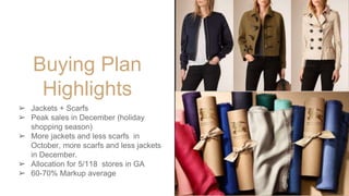 Buying Plan
Highlights
➢ Jackets + Scarfs
➢ Peak sales in December (holiday
shopping season)
➢ More jackets and less scarfs in
October, more scarfs and less jackets
in December.
➢ Allocation for 5/118 stores in GA
➢ 60-70% Markup average
Jackets + Scarfs
Spike sales in
 