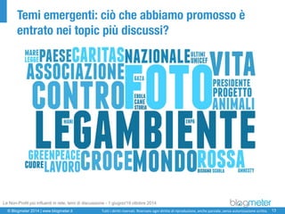 © Blogmeter 2014 | www.blogmeter.it 
13 
Tutti i diritti riservati. Riservato ogni diritto di riproduzione, anche parziale, senza autorizzazione scritta. 
Temi emergenti: ciò che abbiamo promosso è entrato nei topic più discussi? 
Le Non-Profit più influenti in rete, temi di discussione -1 giugno/19 ottobre 2014  