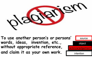 To use another person’s or persons’       source
words, ideas, invention, etc.,           object
without appropriate reference,    acknowledgement

and claim it as your own work.       intention
 