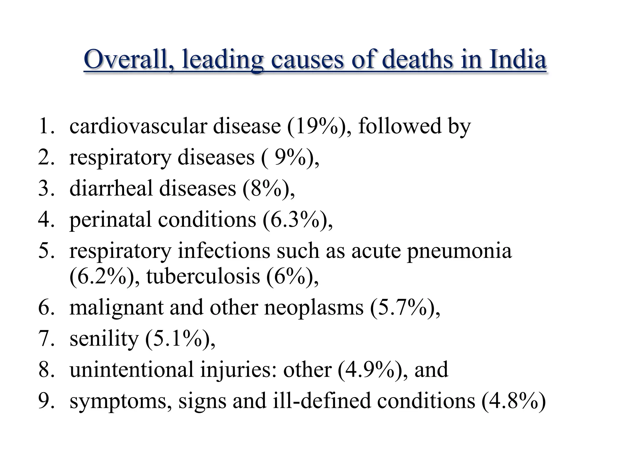 Overall, leading causes of deaths in India
1. cardiovascular disease (19%), followed by
2. respiratory diseases ( 9%),
3. diarrheal diseases (8%),
4. perinatal conditions (6.3%),
5. respiratory infections such as acute pneumonia
(6.2%), tuberculosis (6%),
6. malignant and other neoplasms (5.7%),
7. senility (5.1%),
8. unintentional injuries: other (4.9%), and
9. symptoms, signs and ill-defined conditions (4.8%)
 