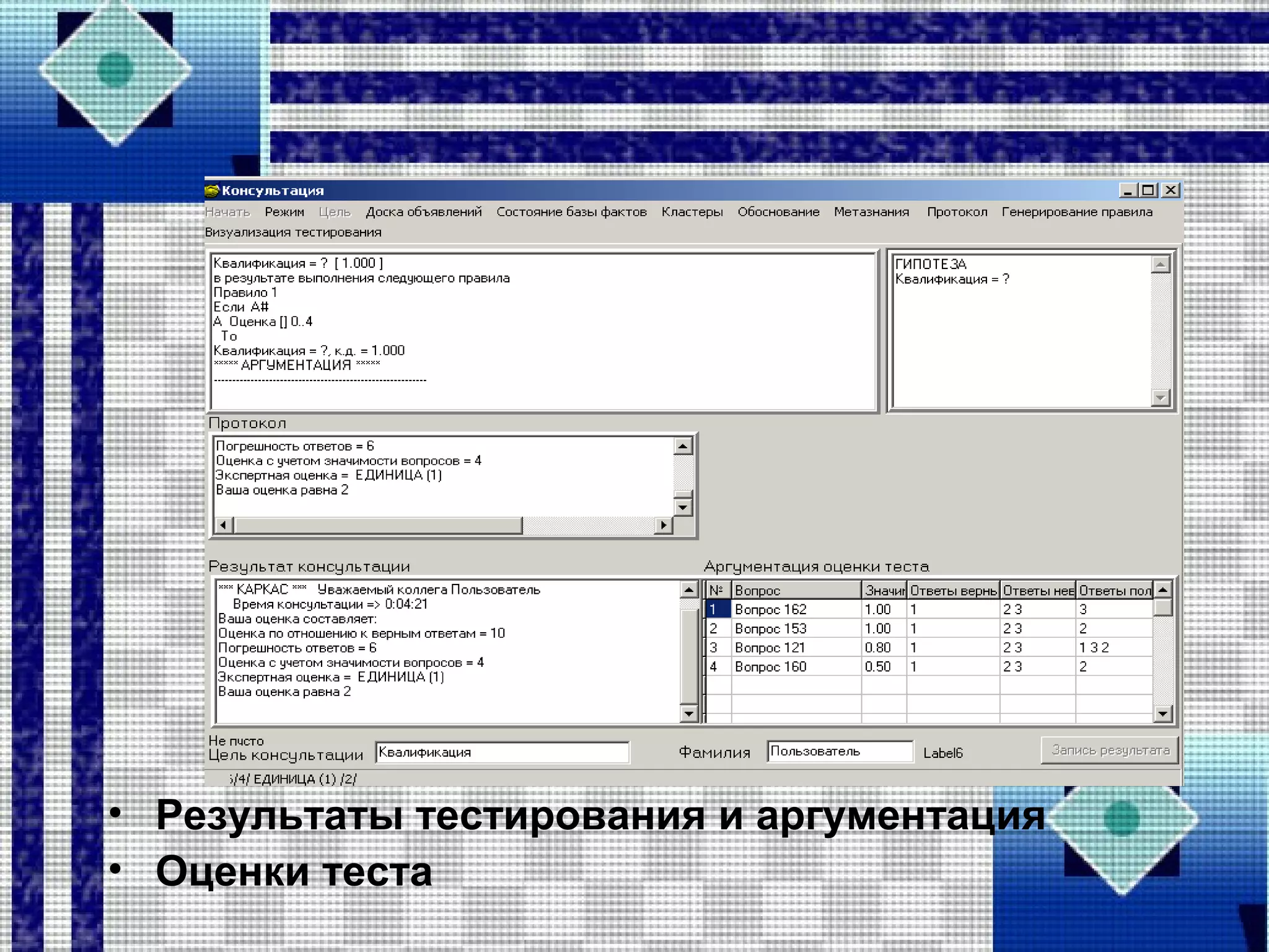 • Результаты тестирования и аргументация
• Оценки теста
 