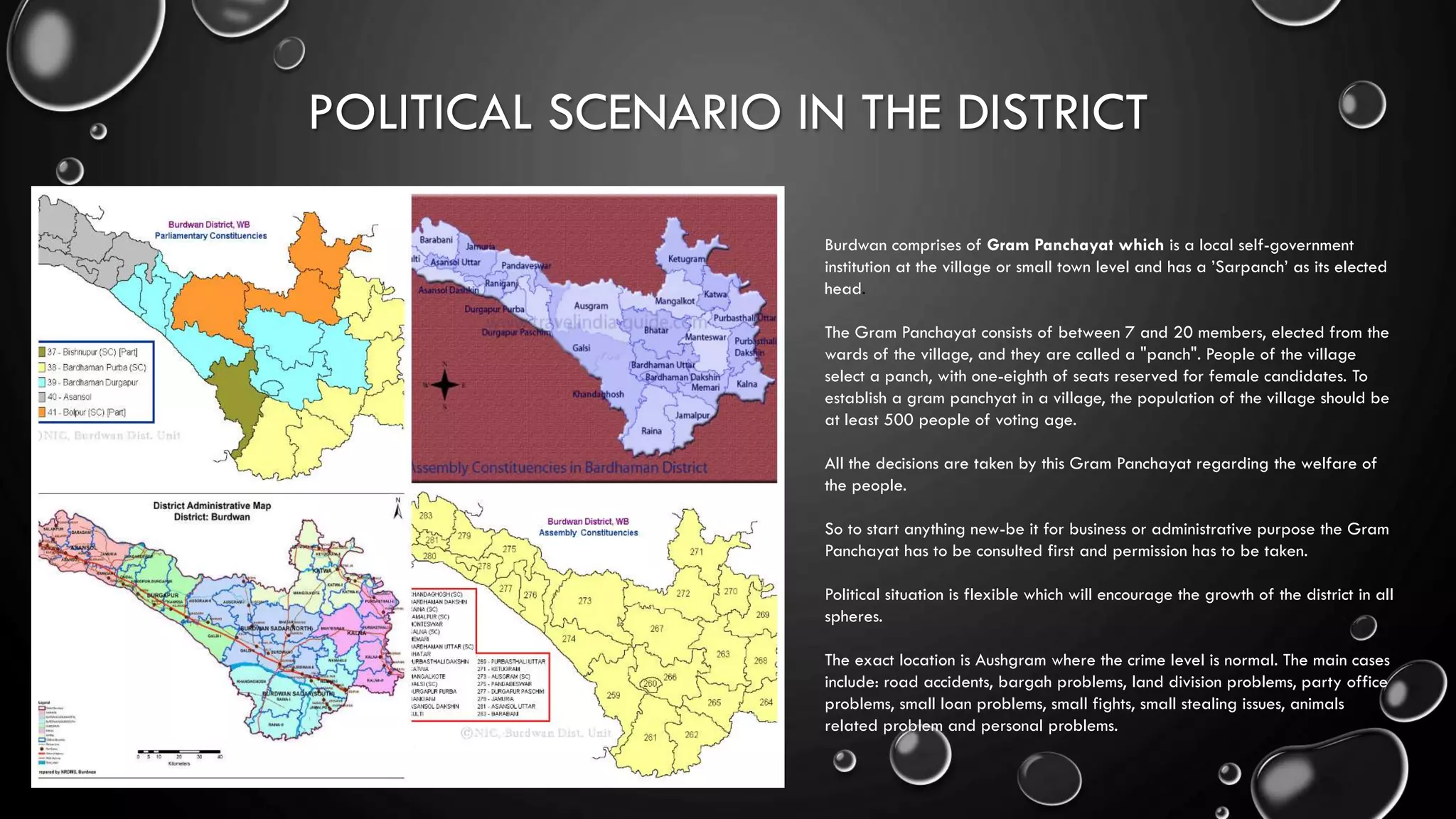 POLITICAL SCENARIO IN THE DISTRICT
Burdwan comprises of Gram Panchayat which is a local self-government
institution at the village or small town level and has a ’Sarpanch’ as its elected
head.
The Gram Panchayat consists of between 7 and 20 members, elected from the
wards of the village, and they are called a "panch". People of the village
select a panch, with one-eighth of seats reserved for female candidates. To
establish a gram panchyat in a village, the population of the village should be
at least 500 people of voting age.
All the decisions are taken by this Gram Panchayat regarding the welfare of
the people.
So to start anything new-be it for business or administrative purpose the Gram
Panchayat has to be consulted first and permission has to be taken.
Political situation is flexible which will encourage the growth of the district in all
spheres.
The exact location is Aushgram where the crime level is normal. The main cases
include: road accidents, bargah problems, land division problems, party office
problems, small loan problems, small fights, small stealing issues, animals
related problem and personal problems.
 