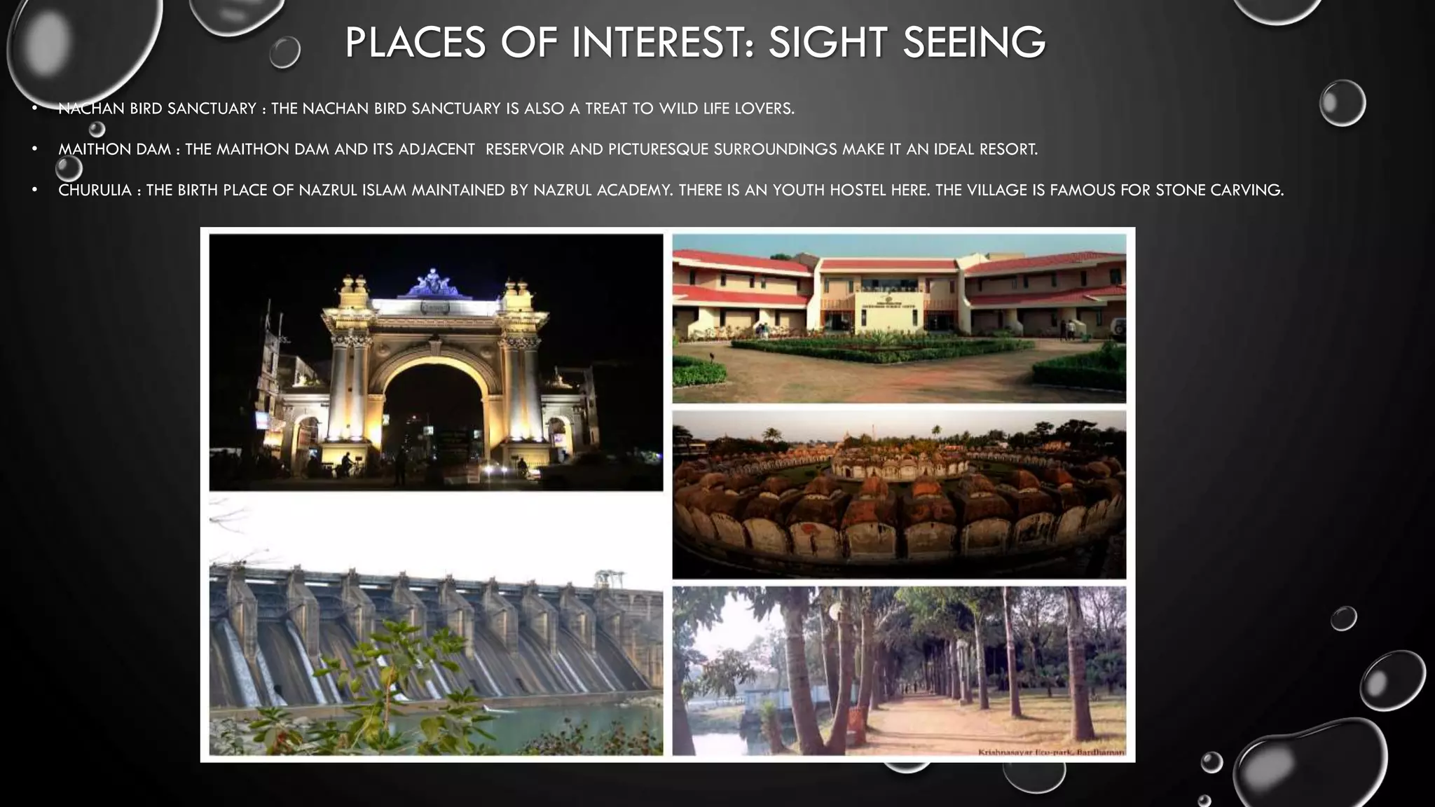 PLACES OF INTEREST: SIGHT SEEING
• NACHAN BIRD SANCTUARY : THE NACHAN BIRD SANCTUARY IS ALSO A TREAT TO WILD LIFE LOVERS.
• MAITHON DAM : THE MAITHON DAM AND ITS ADJACENT RESERVOIR AND PICTURESQUE SURROUNDINGS MAKE IT AN IDEAL RESORT.
• CHURULIA : THE BIRTH PLACE OF NAZRUL ISLAM MAINTAINED BY NAZRUL ACADEMY. THERE IS AN YOUTH HOSTEL HERE. THE VILLAGE IS FAMOUS FOR STONE CARVING.
 