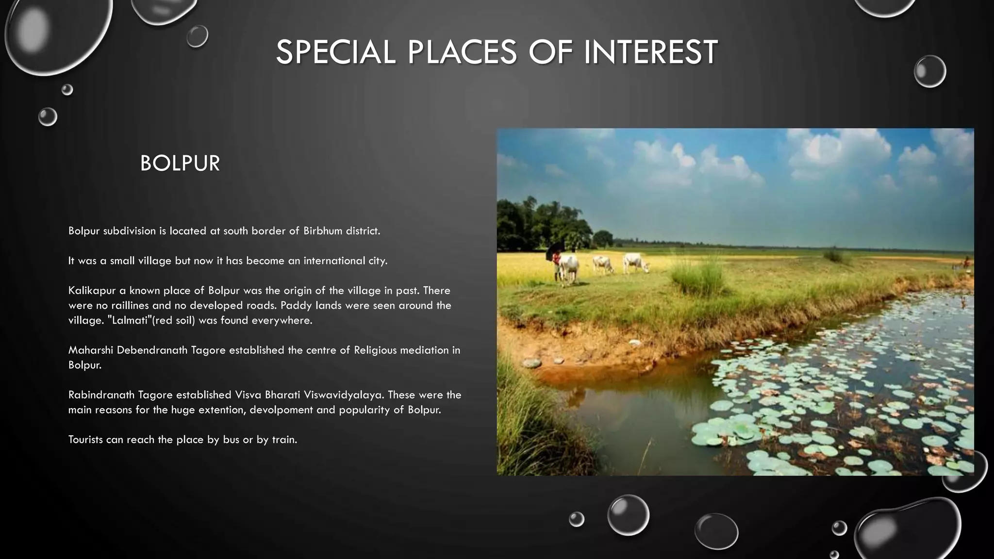 SPECIAL PLACES OF INTEREST
BOLPUR
Bolpur subdivision is located at south border of Birbhum district.
It was a small village but now it has become an international city.
Kalikapur a known place of Bolpur was the origin of the village in past. There
were no raillines and no developed roads. Paddy lands were seen around the
village. "Lalmati"(red soil) was found everywhere.
Maharshi Debendranath Tagore established the centre of Religious mediation in
Bolpur.
Rabindranath Tagore established Visva Bharati Viswavidyalaya. These were the
main reasons for the huge extention, devolpoment and popularity of Bolpur.
Tourists can reach the place by bus or by train.
 