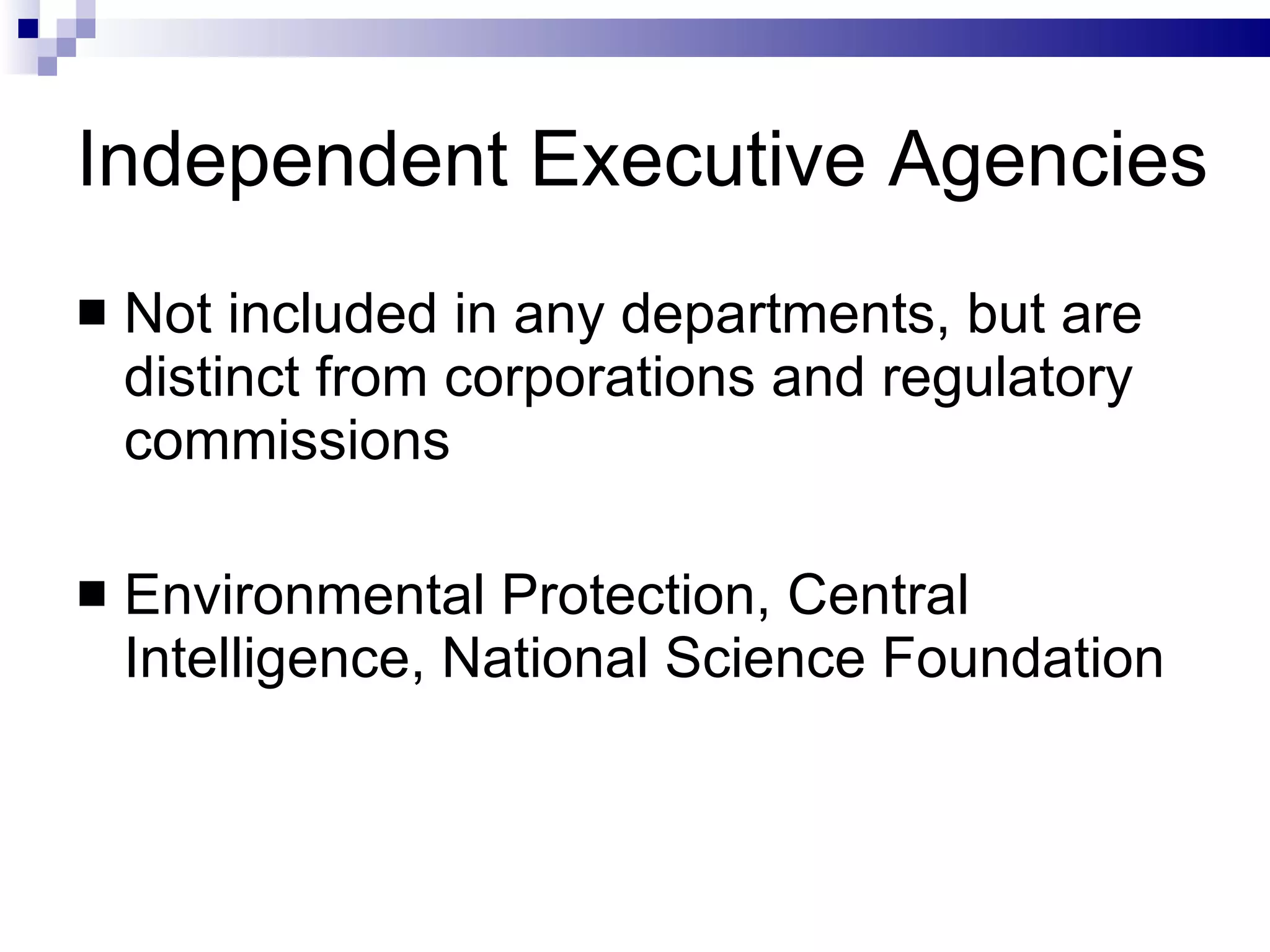 Independent Executive Agencies Not included in any departments, but are distinct from corporations and regulatory commissions Environmental Protection, Central Intelligence, National Science Foundation 
