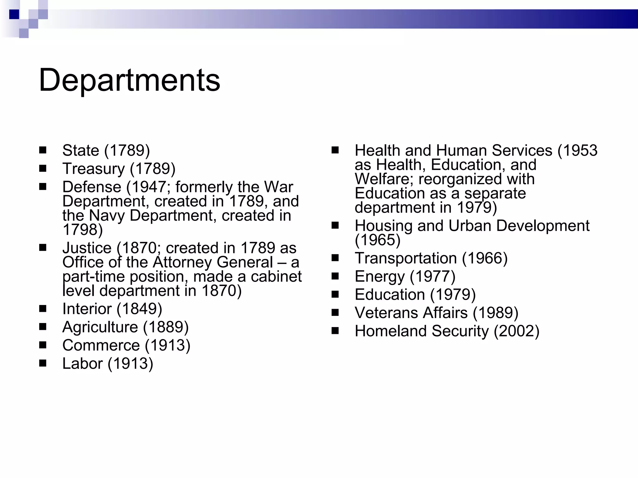 Departments State (1789) Treasury (1789) Defense (1947; formerly the War Department, created in 1789, and the Navy Department, created in 1798) Justice (1870; created in 1789 as Office of the Attorney General – a part-time position, made a cabinet level department in 1870) Interior (1849) Agriculture (1889) Commerce (1913)  Labor (1913) Health and Human Services (1953 as Health, Education, and Welfare; reorganized with Education as a separate department in 1979) Housing and Urban Development (1965) Transportation (1966) Energy (1977) Education (1979) Veterans Affairs (1989) Homeland Security (2002) 
