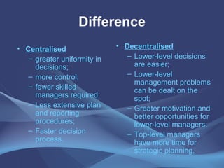 Difference Centralised greater uniformity in decisions; more control; fewer skilled managers required; Less extensive plan and reporting procedures; Faster decision process. Decentralised Lower-level decisions are easier; Lower-level management problems can be dealt on the spot; Greater motivation and better opportunities for lower-level managers; Top-level managers have more time for strategic planning. 