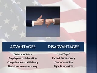 ADVANTAGES                DISADVANTAGES
     Division of labor          “Red Tape”
 Employees collaboration     Exploit bureaucracy
Competence and efficiency     Fear of reaction
Decisions in measure way      Rigid & inflexible
 