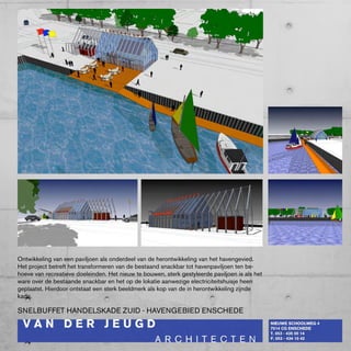 Ontwikkeling van een paviljoen als onderdeel van de herontwikkeling van het havengevied.
Het project betreft het transformeren van de bestaand snackbar tot havenpaviljoen ten be-
hoeve van recreatieve doeleinden. Het nieuw te bouwen, sterk gestyleerde paviljoen is als het
ware over de bestaande snackbar en het op de lokatie aanwezige electriciteitshuisje heen
geplaatst. Hierdoor ontstaat een sterk beeldmerk als kop van de in herontwikkeling zijnde
kade.

SNELbUffET HANDELSkADE zUID - HAVENGEbIED ENScHEDE
 