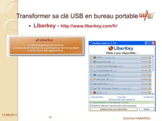 Transformer sa clé USB en bureau portable
              Liberkey - http://www.liberkey.com/fr/




17/06/2011
                    16                                 Corinne HABAROU
 