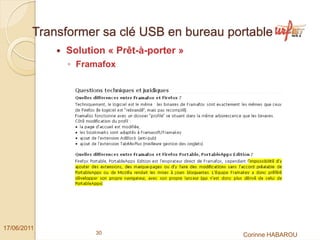 Transformer sa clé USB en bureau portable
              Solution « Prêt-à-porter »
               ◦ Framafox




17/06/2011
                    30                      Corinne HABAROU
 