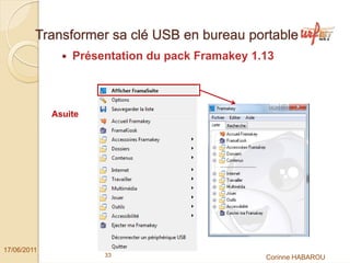 Transformer sa clé USB en bureau portable
                 Présentation du pack Framakey 1.13



             Asuite




17/06/2011
                      33                         Corinne HABAROU
 