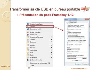 Transformer sa clé USB en bureau portable
              Présentation du pack Framakey 1.13




17/06/2011
                   36                         Corinne HABAROU
 