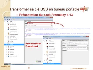 Transformer sa clé USB en bureau portable
              Présentation du pack Framakey 1.13




                  Personnaliser
                  Framakiosk




17/06/2011
                    38                        Corinne HABAROU
 