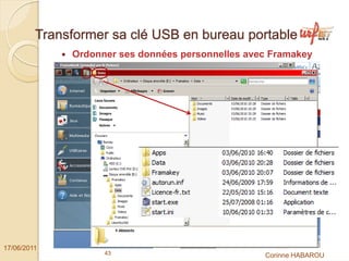 Transformer sa clé USB en bureau portable
              Ordonner ses données personnelles avec Framakey




17/06/2011
                    43                             Corinne HABAROU
 